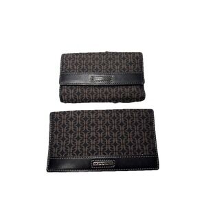 Fossil Tri-Fold Black Brown Canvas Signature Logo Leather Trim Wallet/ Checkbook